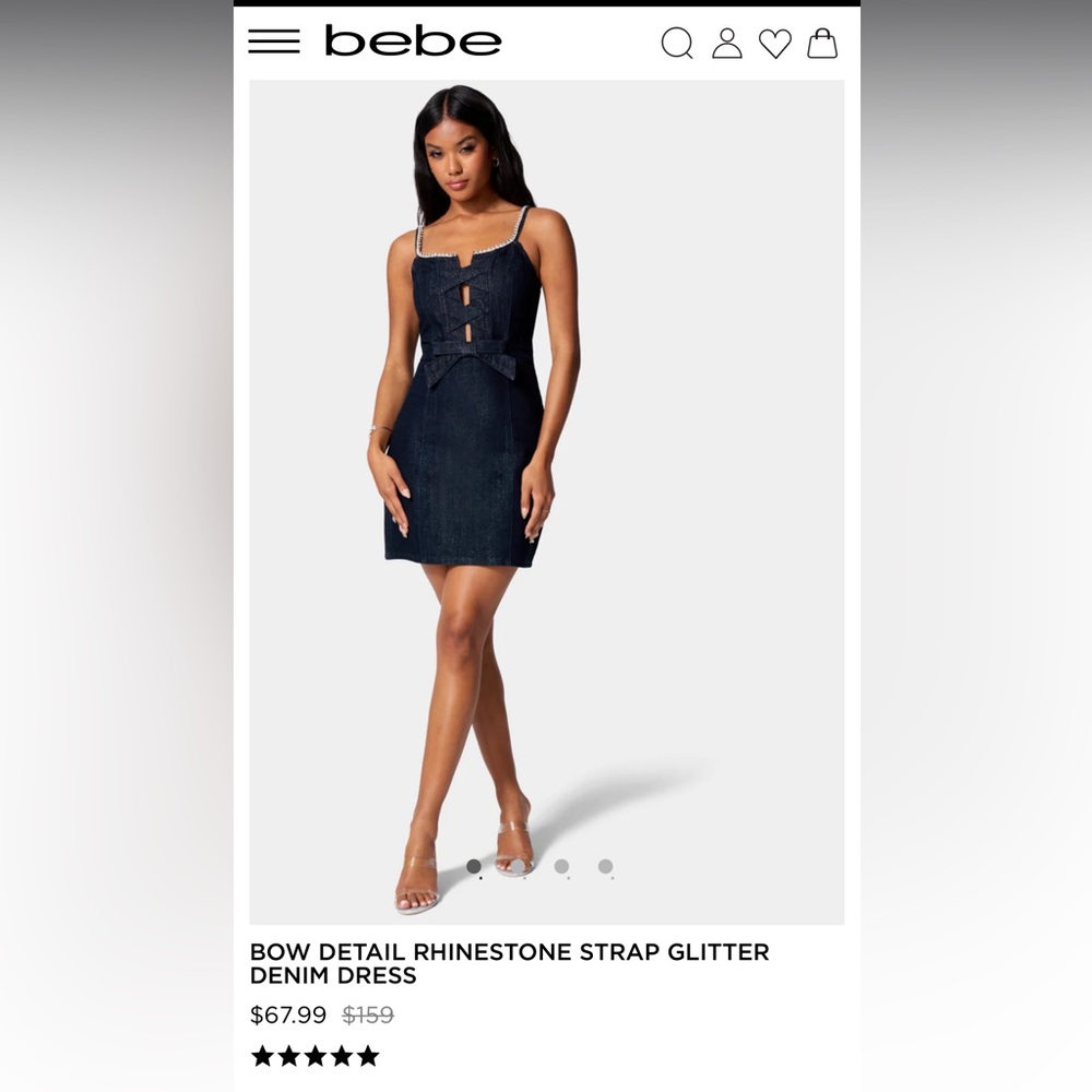 Bebe - Bow Detail Rhinestone Strap Glitter Denim Dress - Dark Glitter Wash